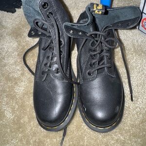 Dr. Martens Black Leather Lace-Up Boots with Yellow Stitching Accent